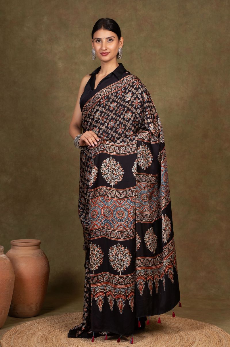 Black Ajrakh Modal Silk Saree