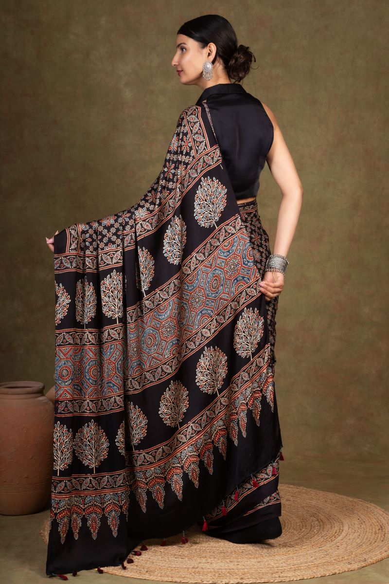 Black Modal Silk Ajrakh Saree