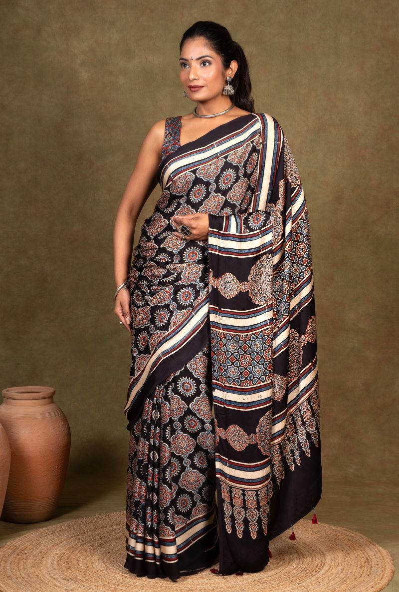 Black Ajrakh Modal Silk  Saree