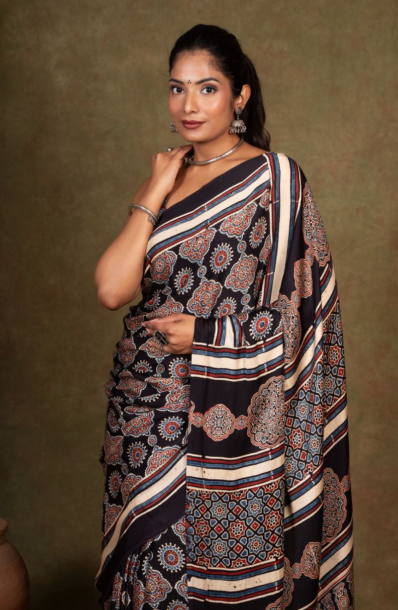 Black Modal Silk Ajrakh Saree