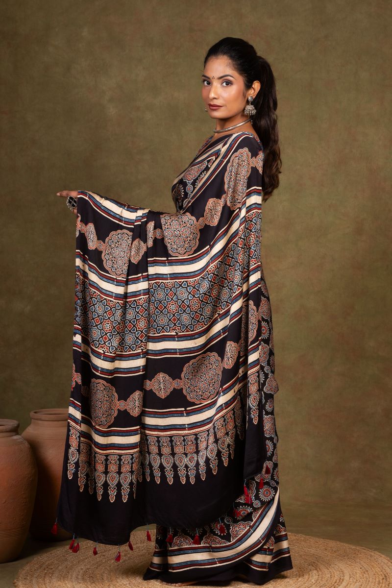 Black Ajrakh Saree