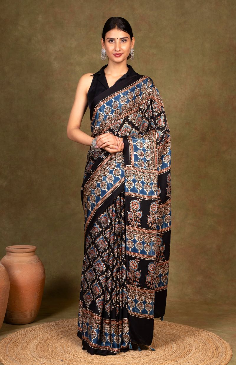 Black Modal Silk Ajrakh Saree