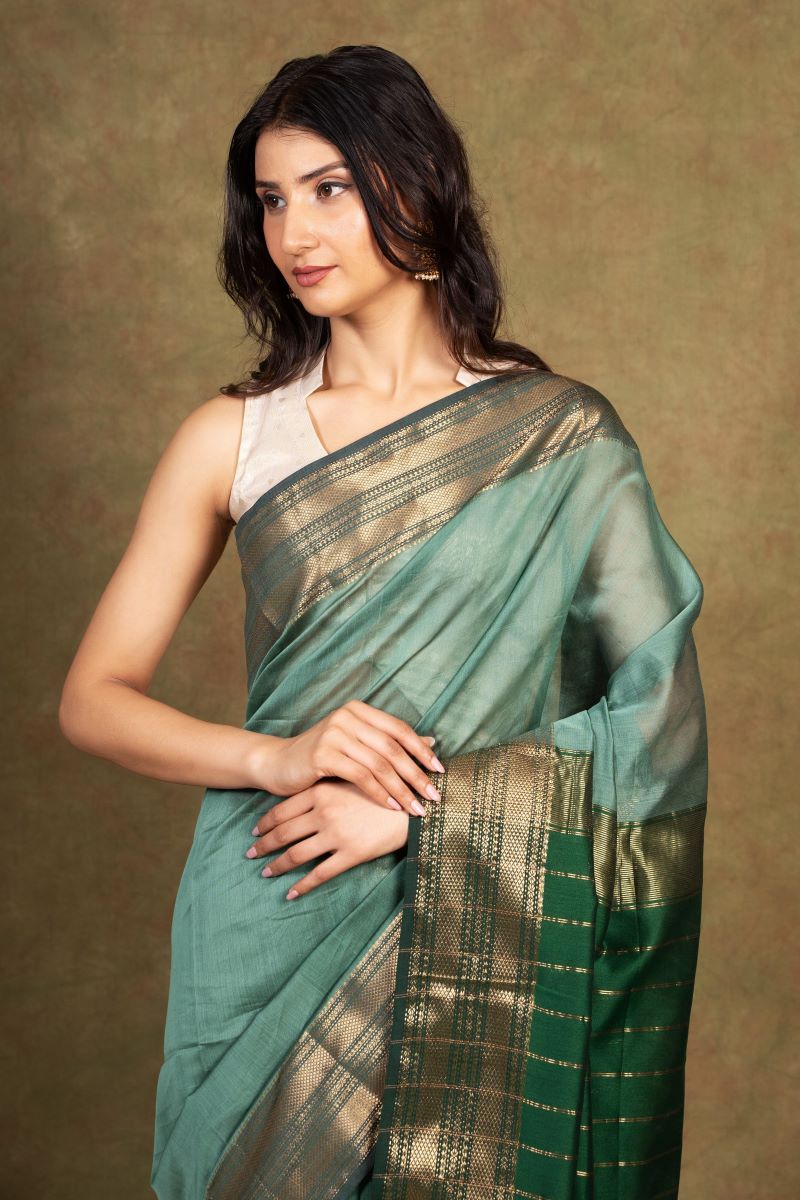 Green Handwoven Maheshwari Cotton Silk Saree