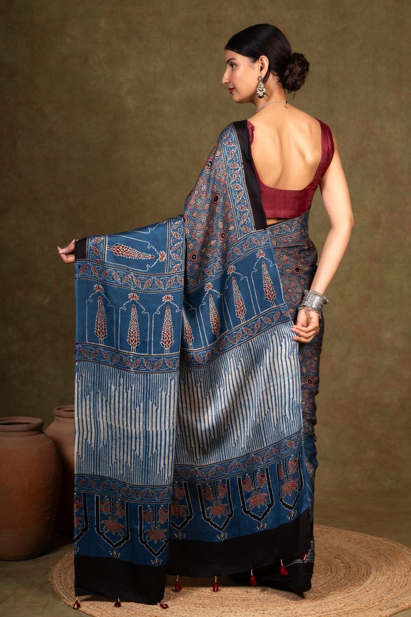 Indigo Ajrakh Modal Silk Saree