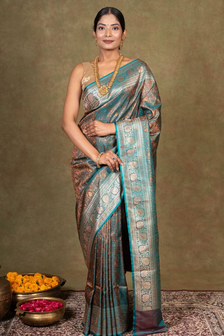 Firozi Jamewar Tanchoi Banarasi Silk Saree