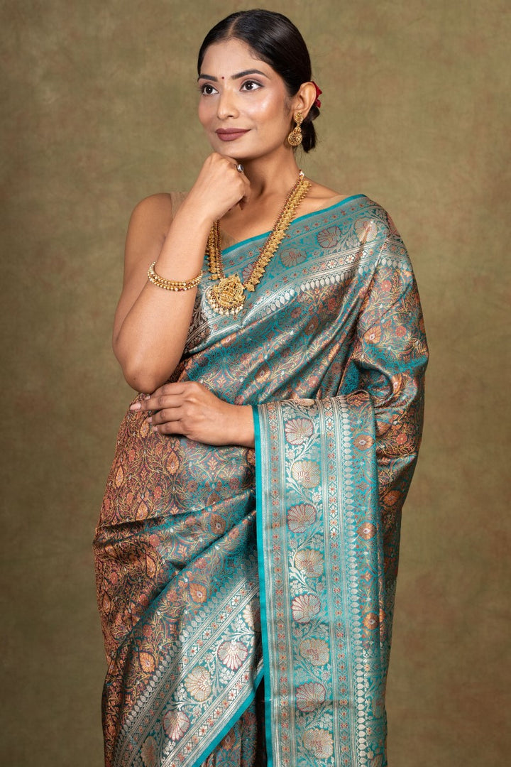 Teal Blue Floral Jamewar Tanchoi Banarasi Silk Saree