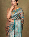 Teal Blue Floral Jamewar Tanchoi Banarasi Silk Saree