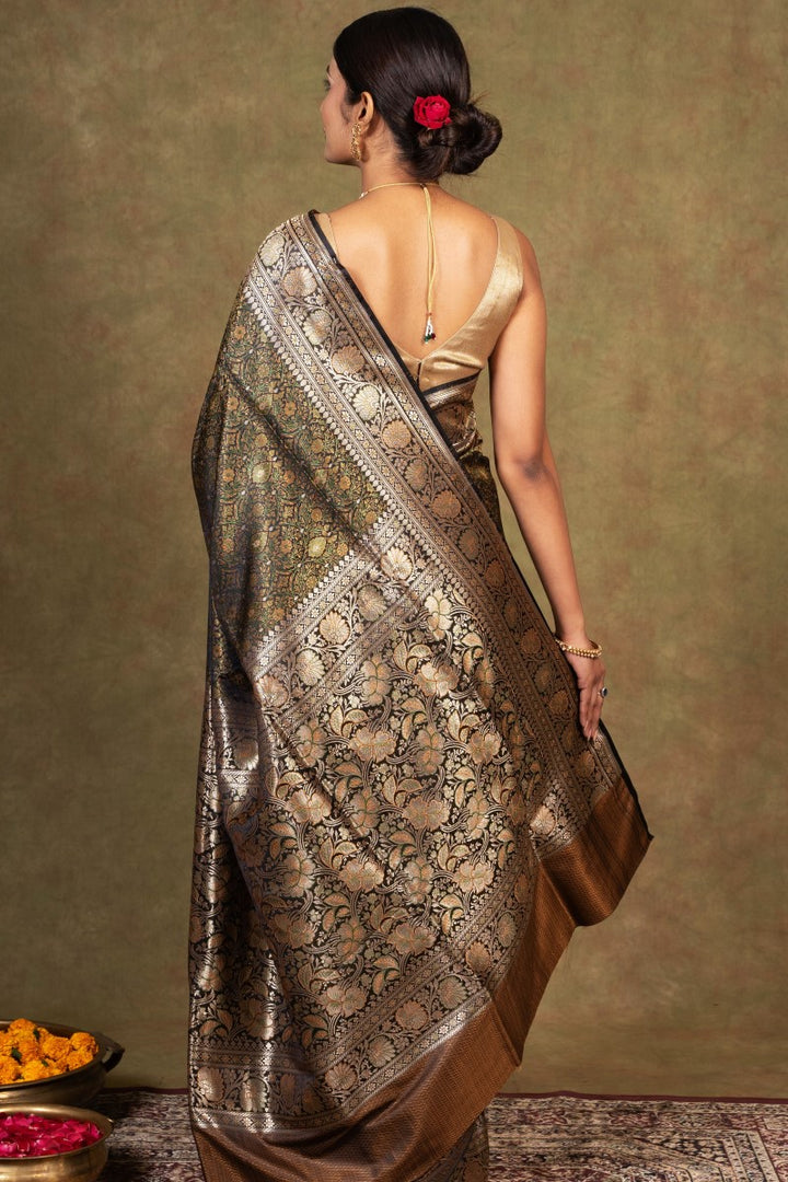 Black Jamewar Tanchoi Banarasi Silk Saree