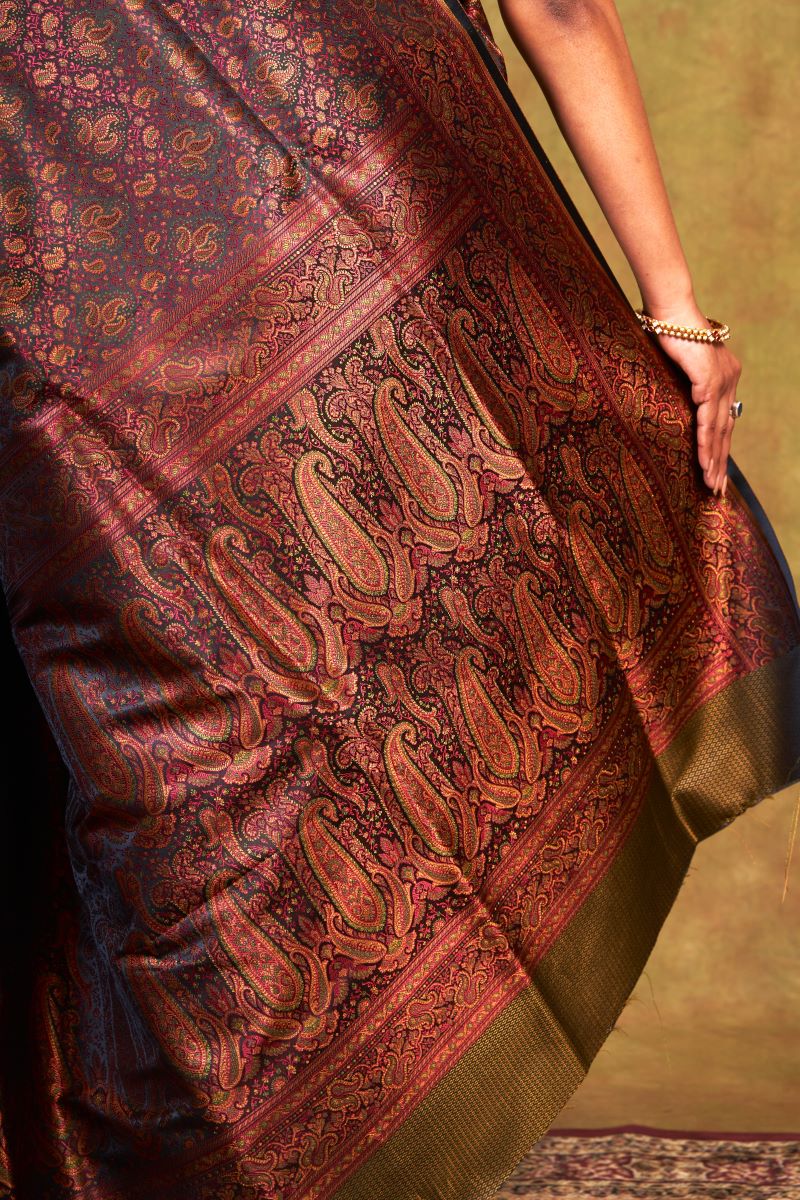 Black Wine Paisley Jamewar Tanchoi Banarasi Silk Saree