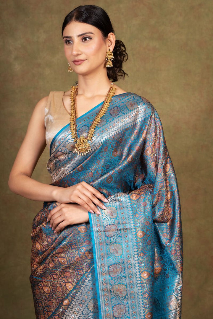 Blue Jamewar Tanchoi Banarasi Silk Saree