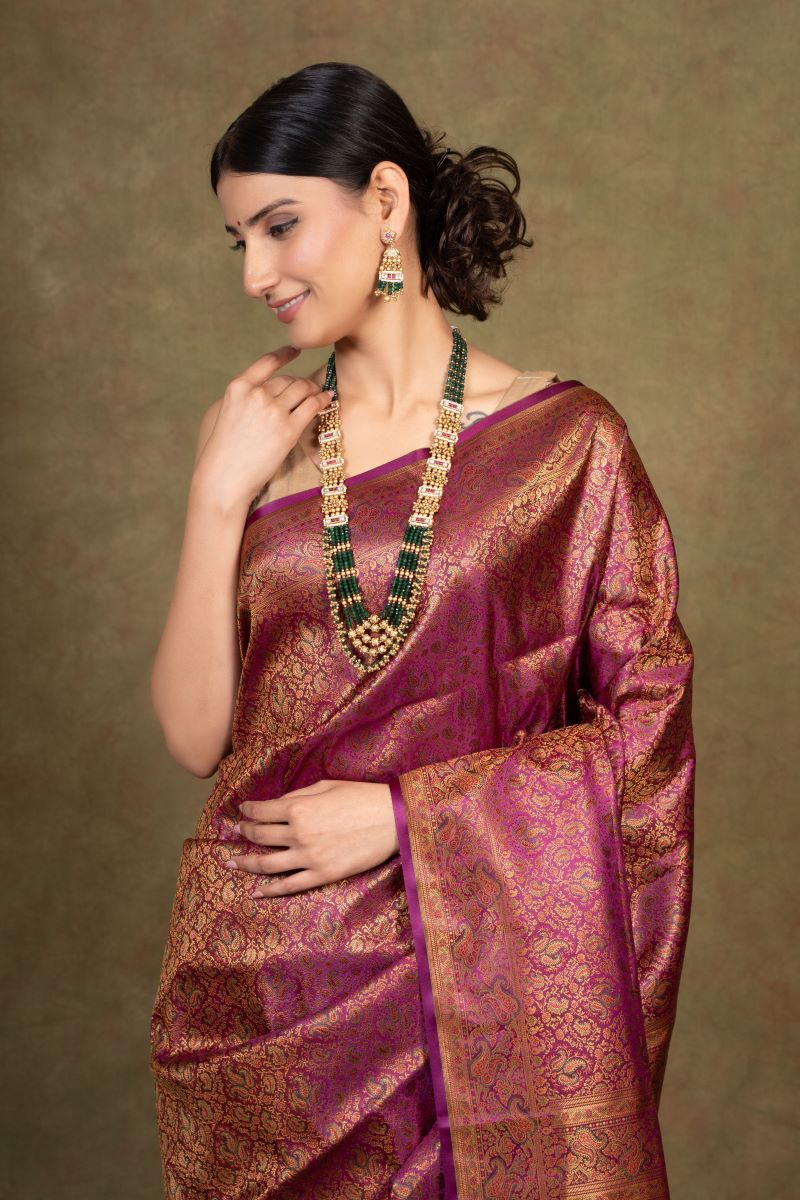 Burgundy Paisley Jamewar Tanchoi Banarasi Silk Saree