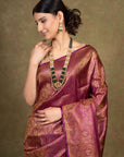 Burgundy Paisley Jamewar Tanchoi Banarasi Silk Saree