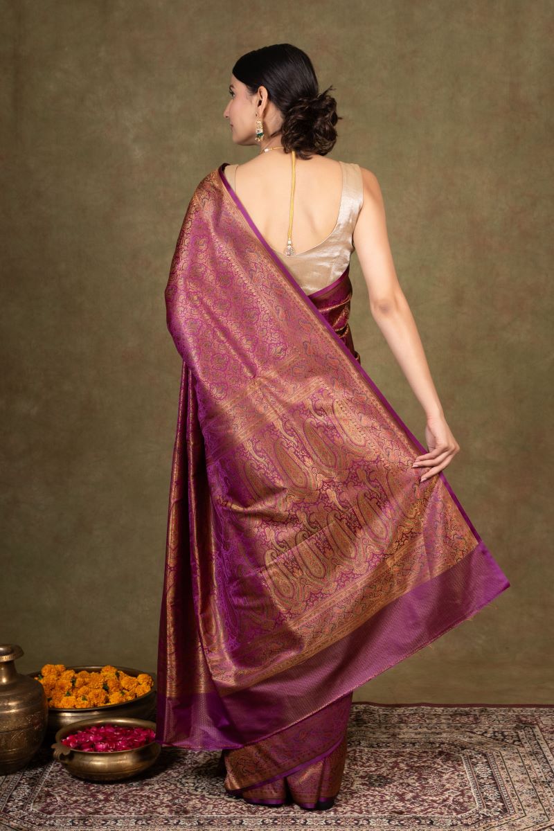 Burgundy Paisley Jamewar Tanchoi Banarasi Silk Saree