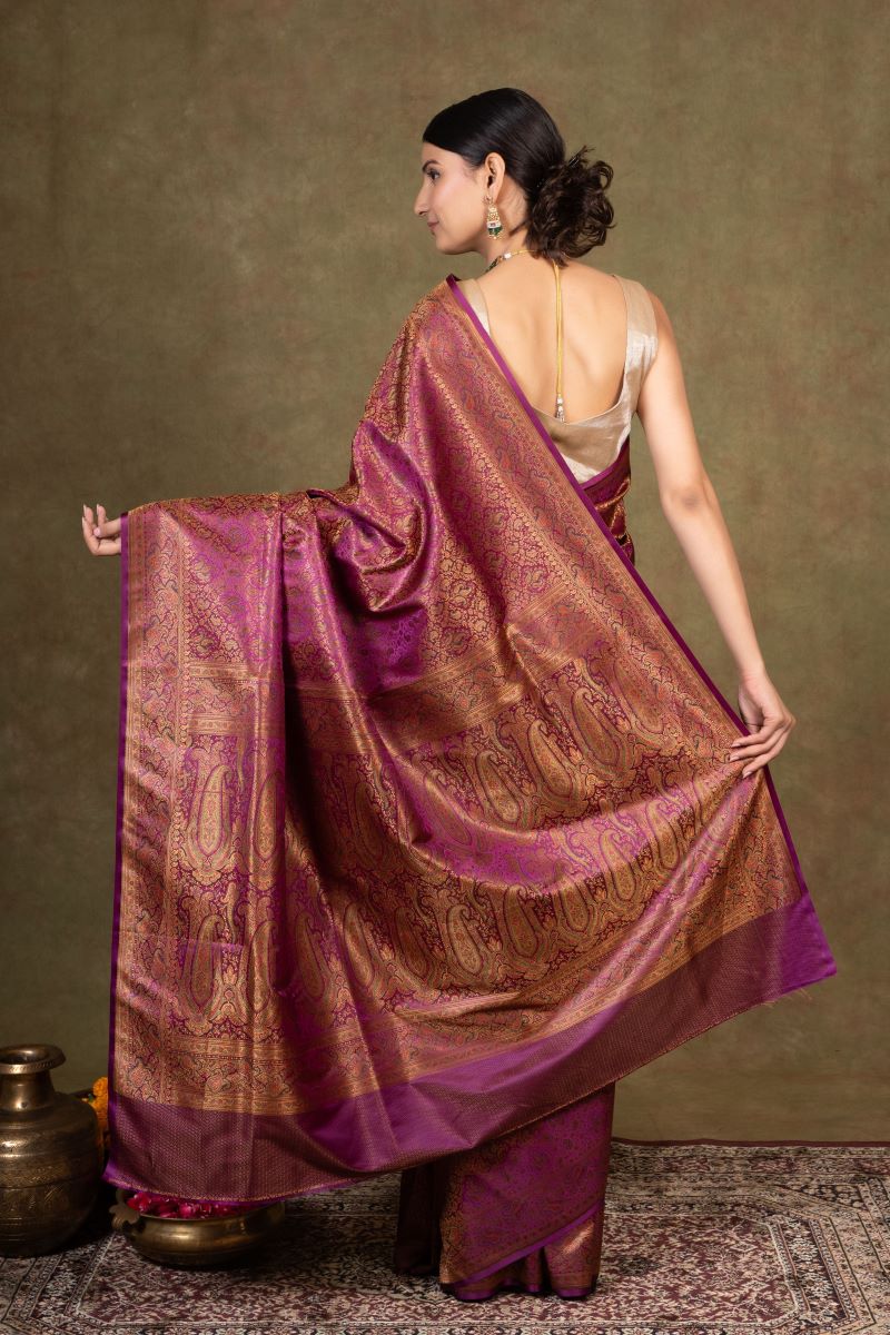 Burgundy Paisley Jamewar Tanchoi Banarasi Silk Saree