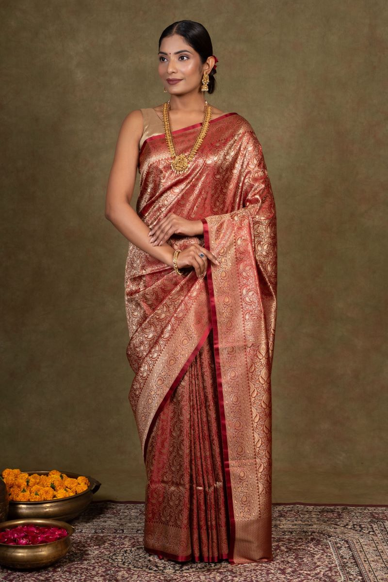 Ruby Floral Jamewar Tanchoi Banarasi Silk Saree