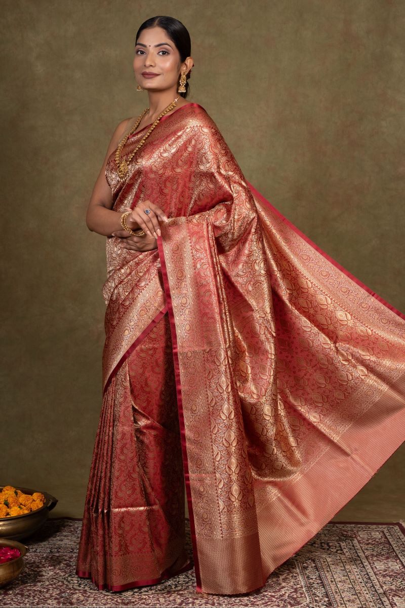 Ruby Floral Jamewar Tanchoi Banarasi Silk Saree