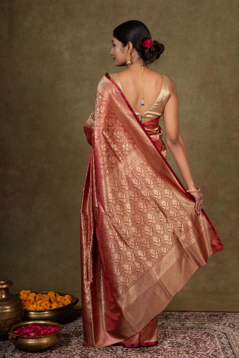 Ruby Floral Jamewar Tanchoi Banarasi Silk Saree