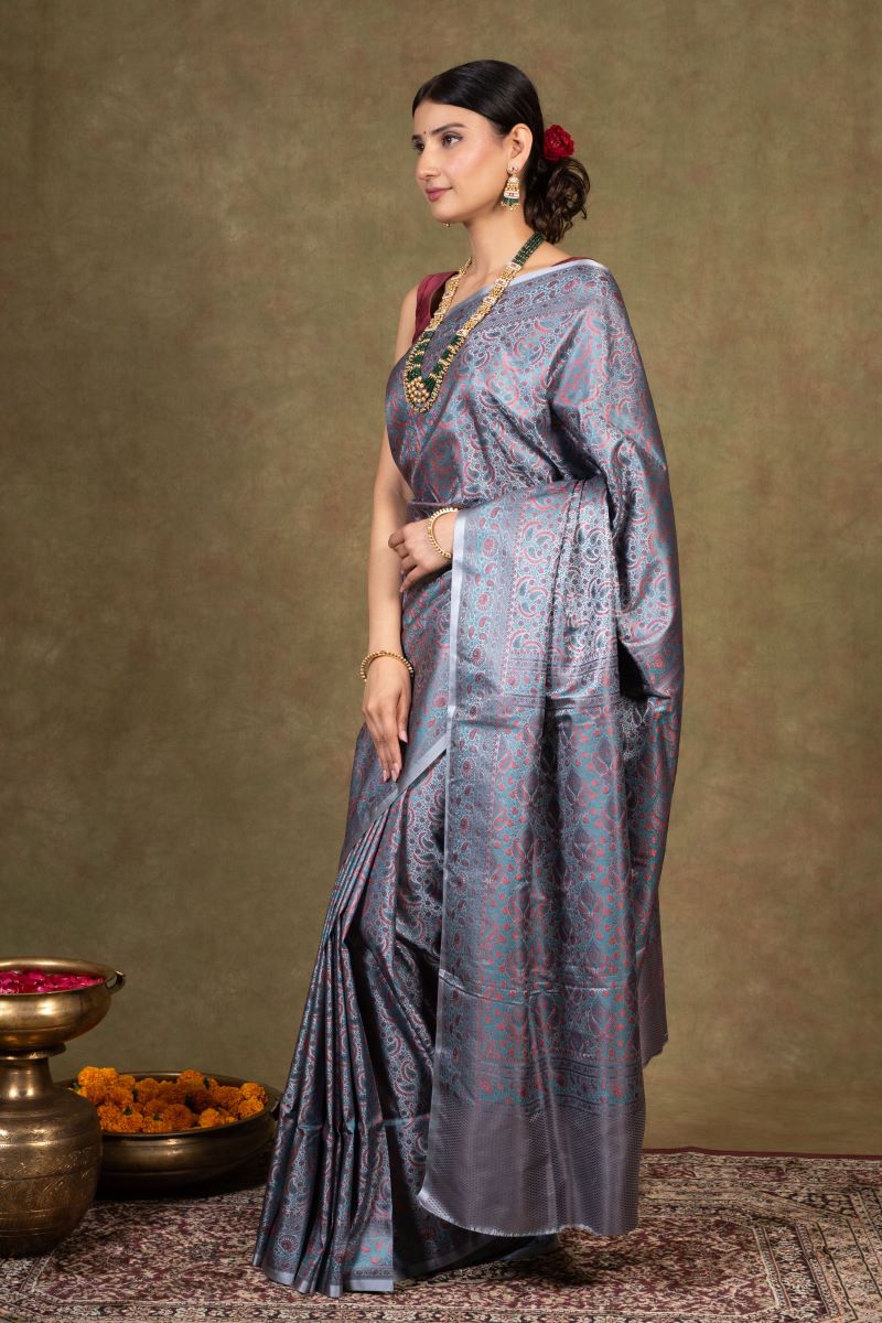 Dove Grey Jamewar Tanchoi Banarasi Silk Saree