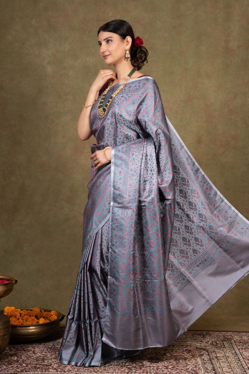 Dove Grey Jamewar Tanchoi Banarasi Silk Saree