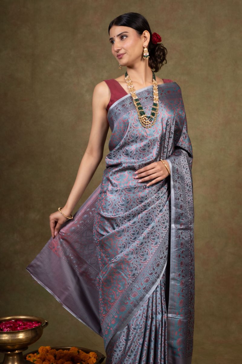 Dove Grey Jamewar Tanchoi Banarasi Silk Saree