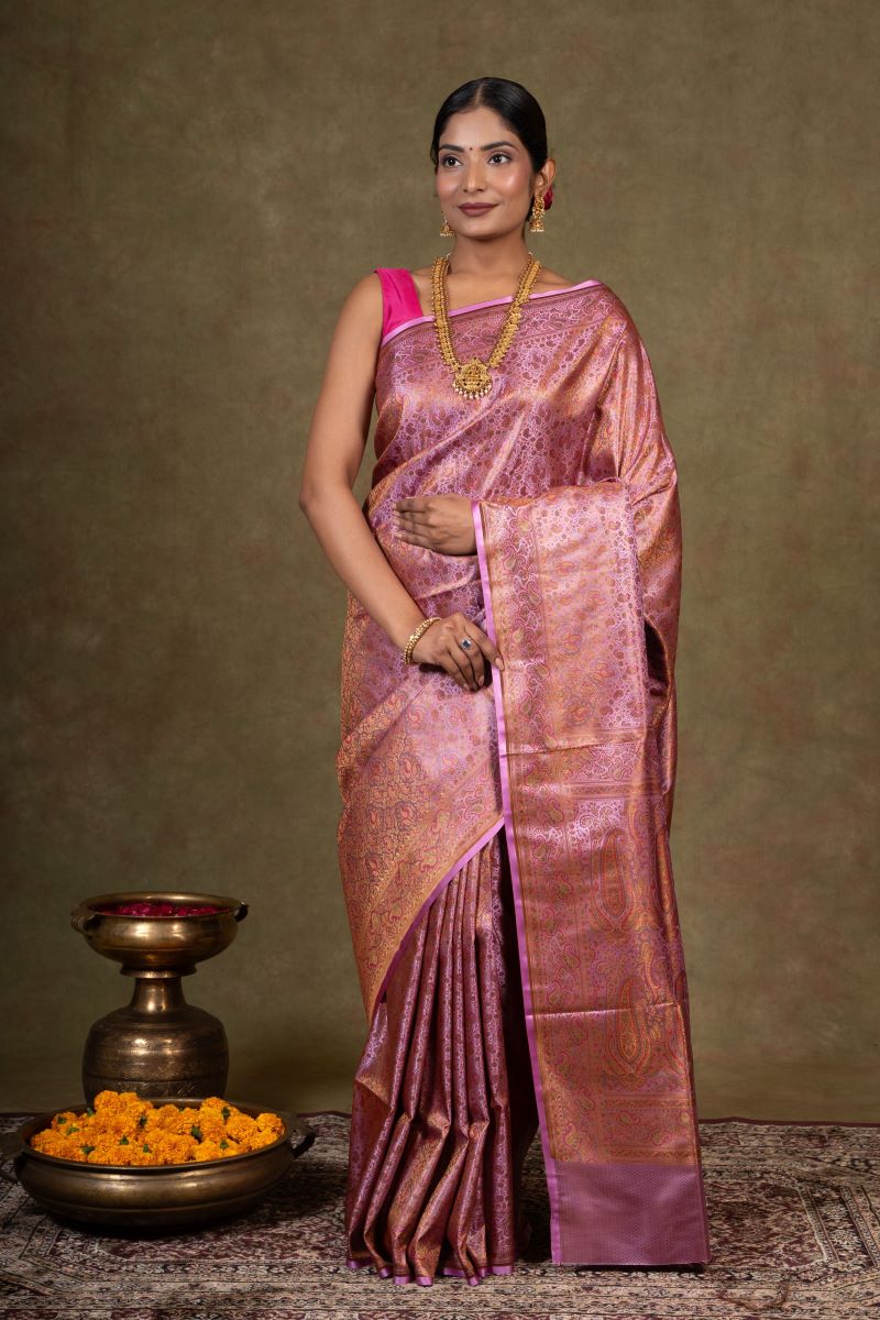 Lavender Paisley Jamewar Tanchoi Banarasi Silk Saree