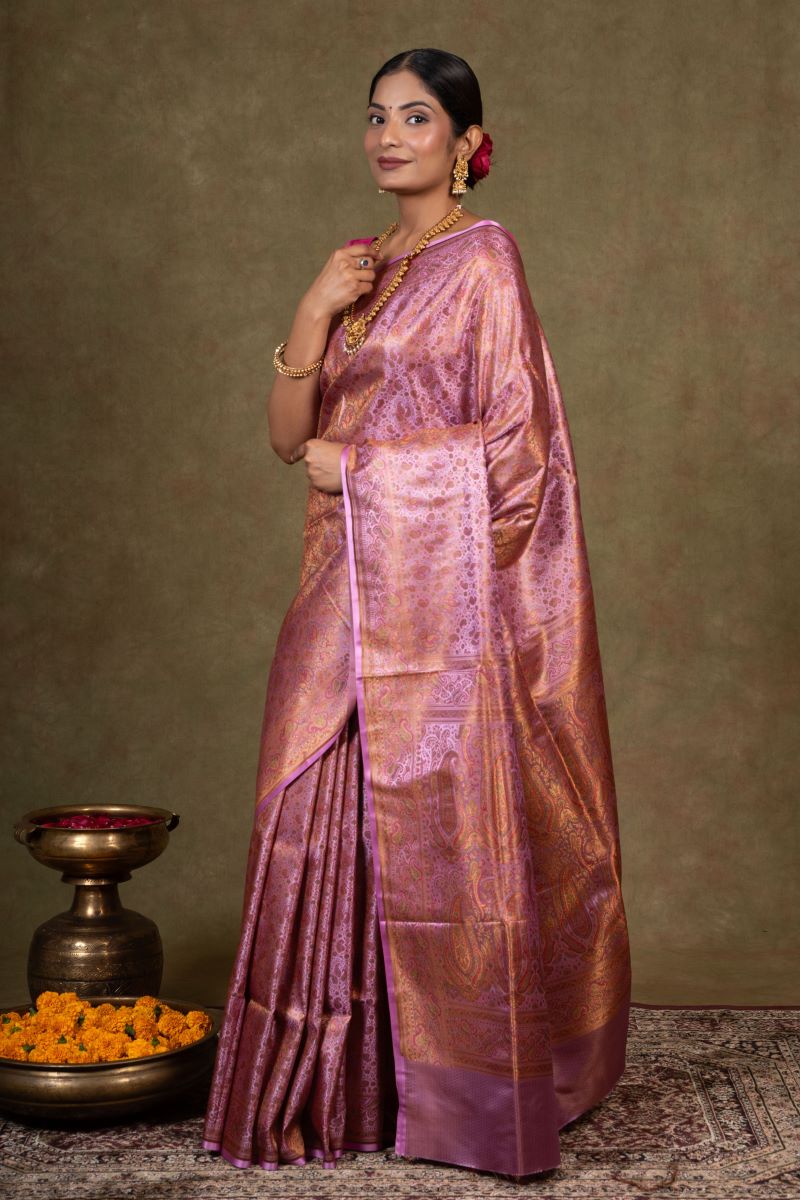 Lavender Paisley Jamewar Tanchoi Banarasi Silk Saree