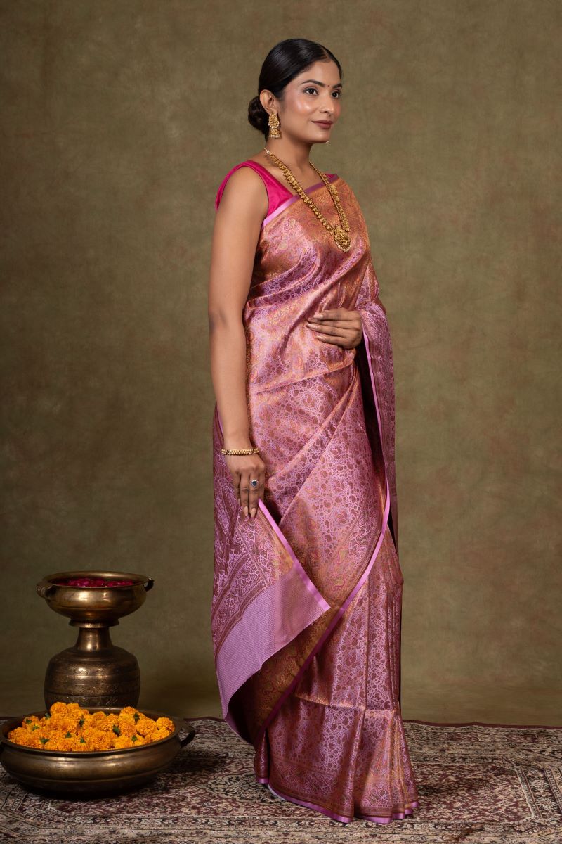 Lavender Paisley Jamewar Tanchoi Banarasi Silk Saree