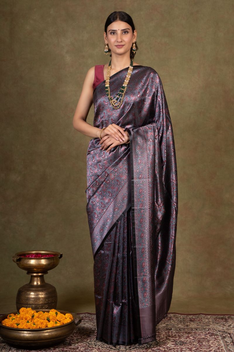 Black Silver Paisley Jamewar Tanchoi Banarasi Silk Saree