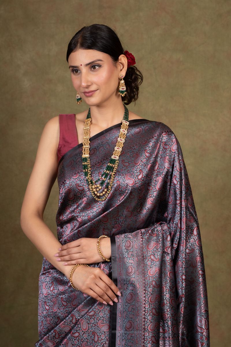 Black Silver Paisley Jamewar Tanchoi Banarasi Silk Saree