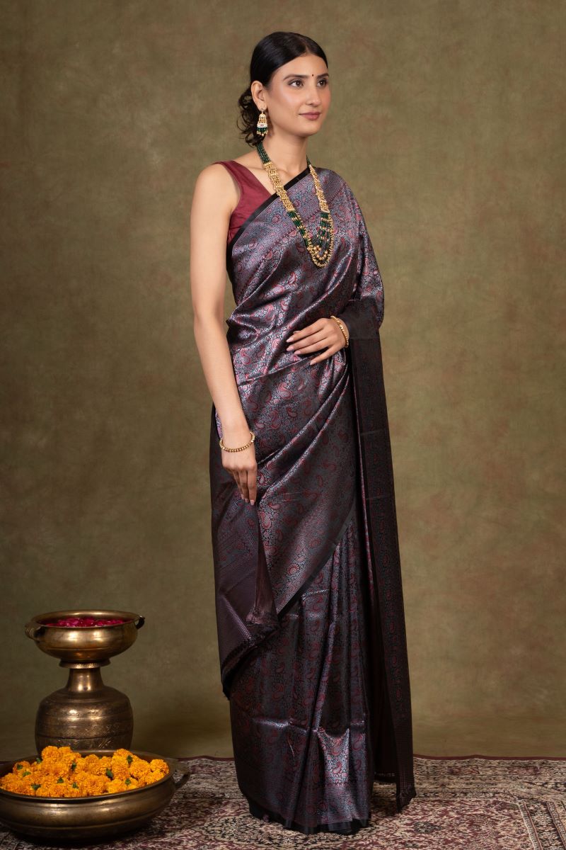 Black Silver Paisley Jamewar Tanchoi Banarasi Silk Saree