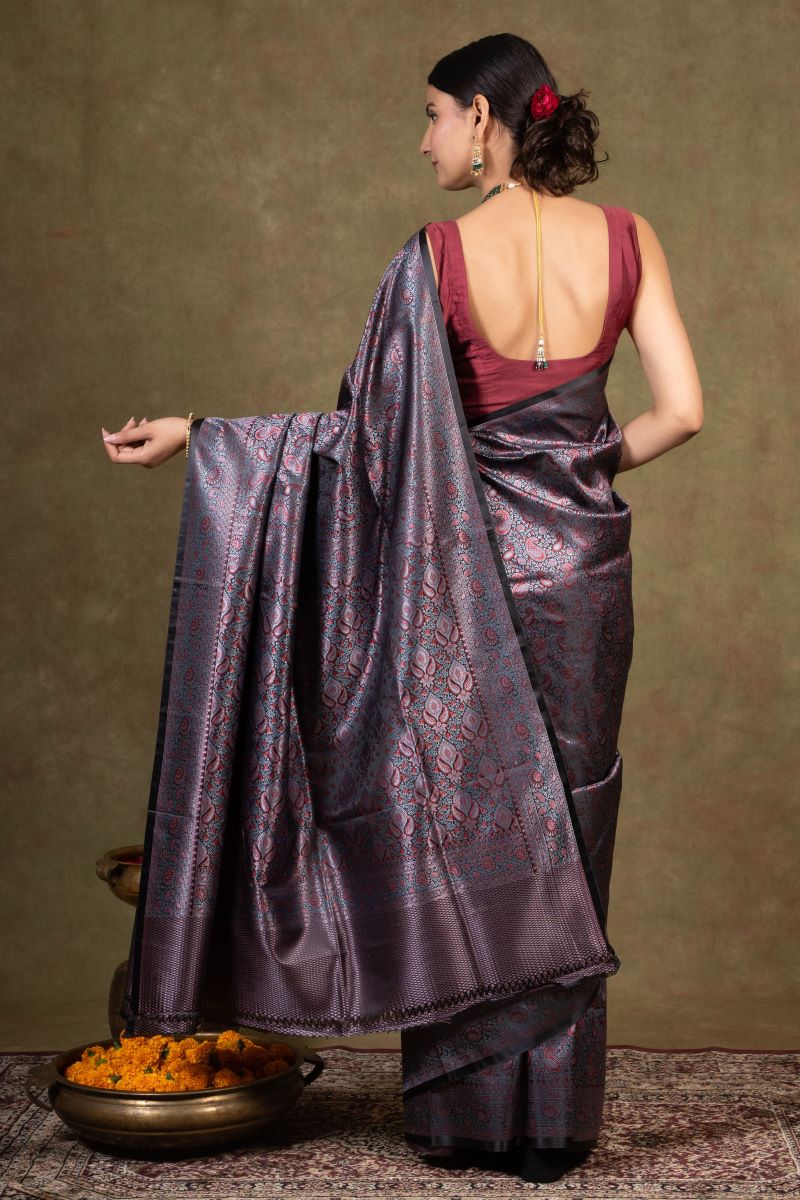 Black Silver Paisley Jamewar Tanchoi Banarasi Silk Saree