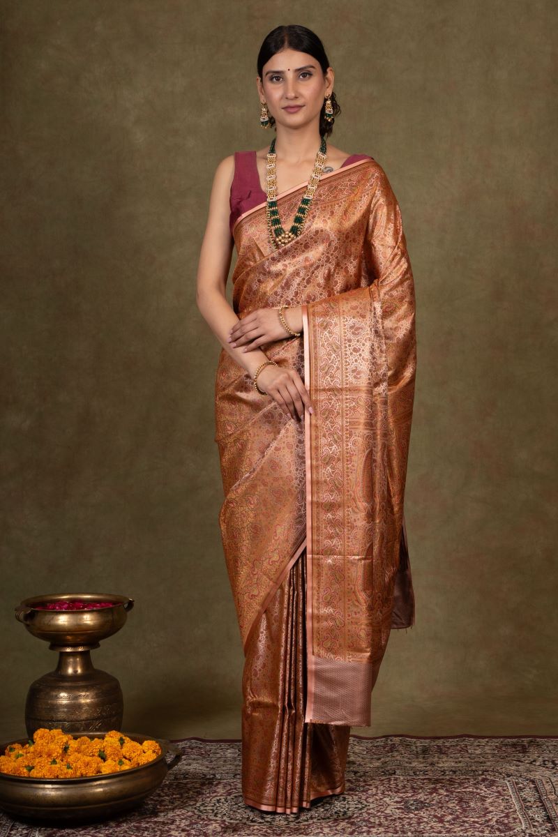 Amber Paisley Jamewar Tanchoi Banarasi Silk Saree