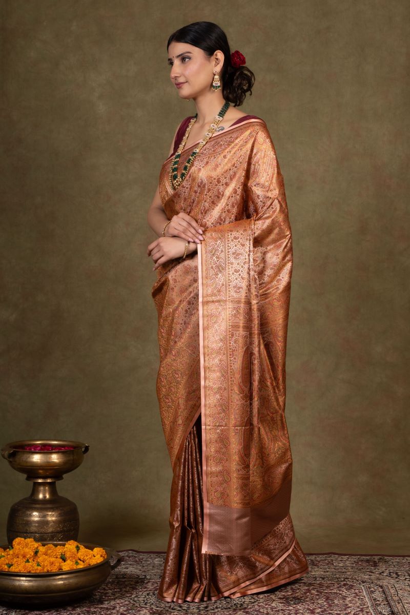 Amber Paisley Jamewar Tanchoi Banarasi Silk Saree