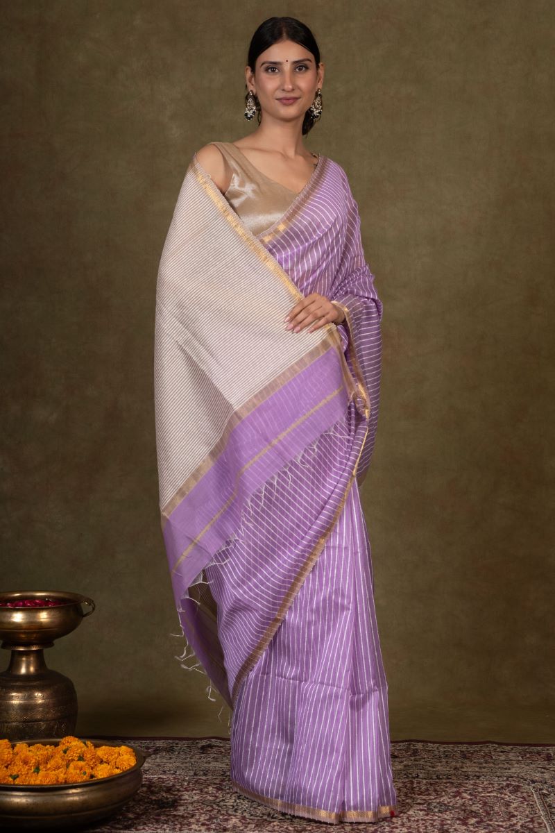 Lavendar Ghicha Bliss Maheshwari Silk Saree