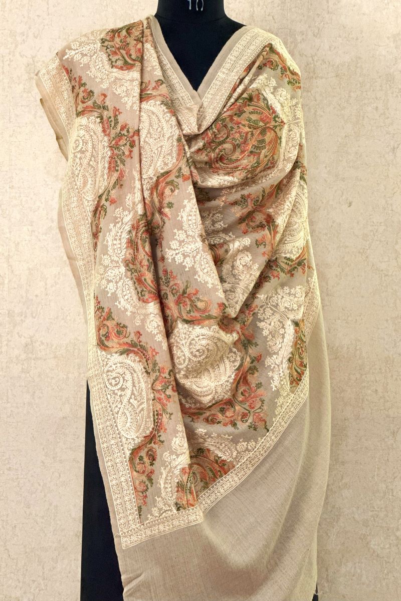 Ivory Embroidered Pashmina Shawl