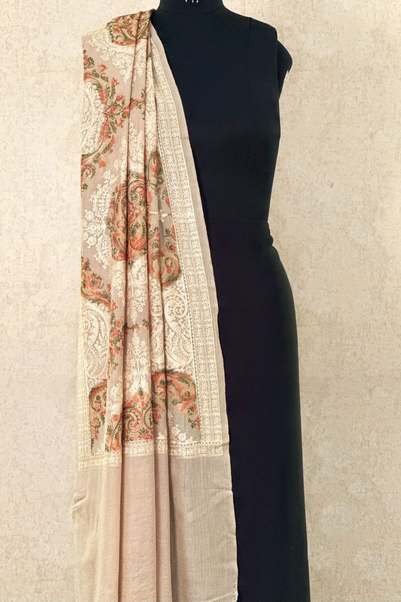 Beige Embroidered Pashmina Shawl