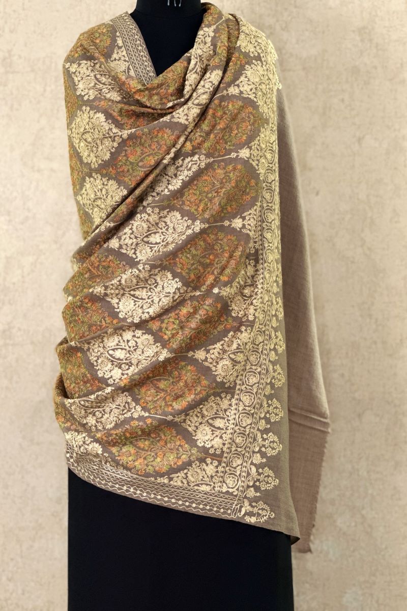 Beige Embroidered Pashmina Shawl