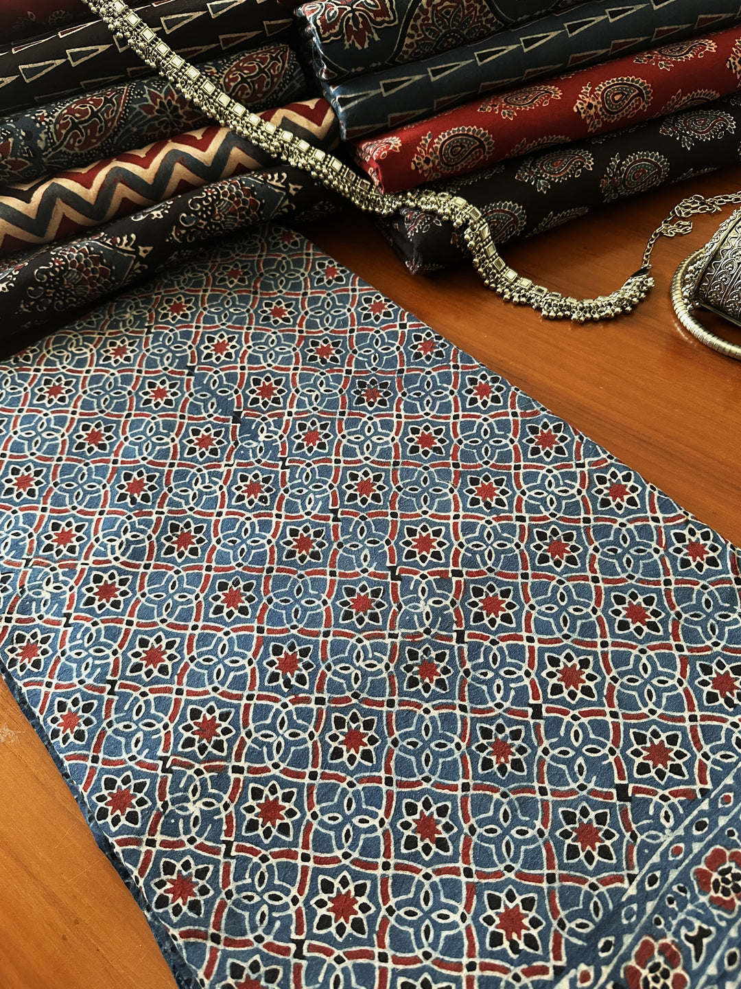 Blue Starry Jaal Cotton Ajrakh Fabric (Per Meter)