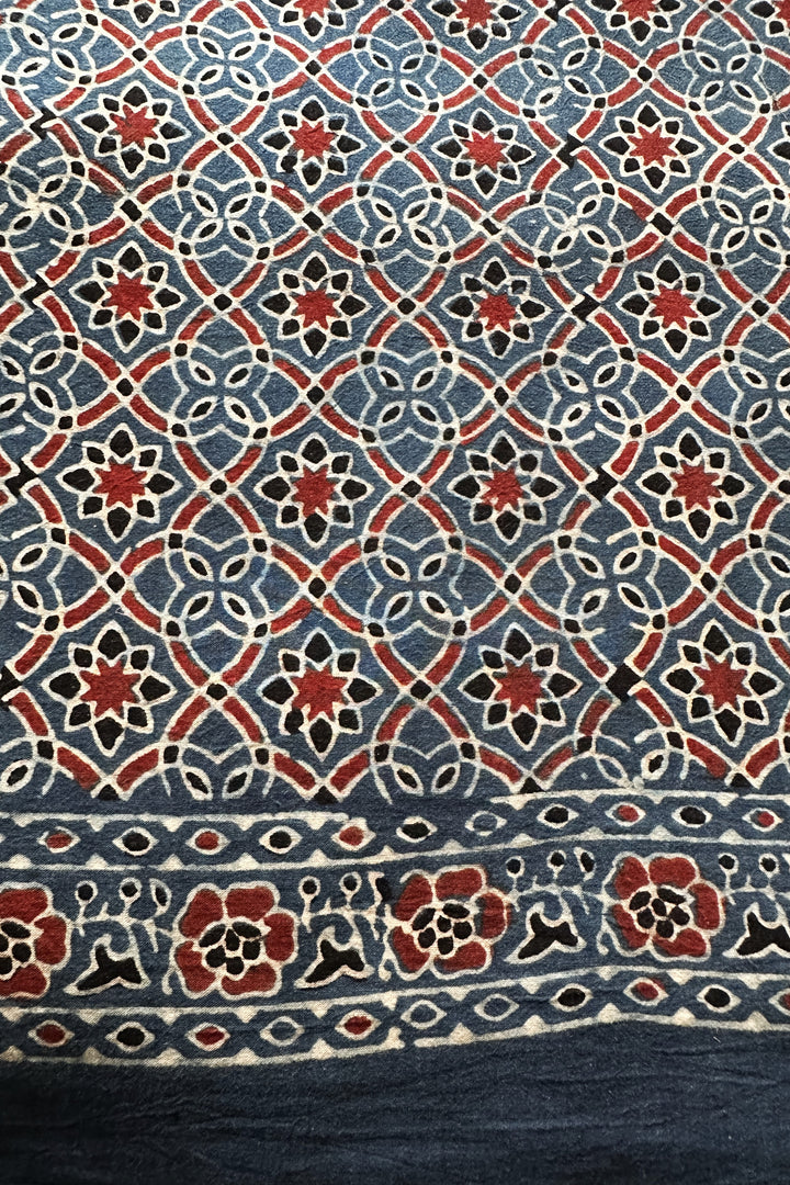 Blue Starry Jaal Cotton Ajrakh Fabric (Per Meter)