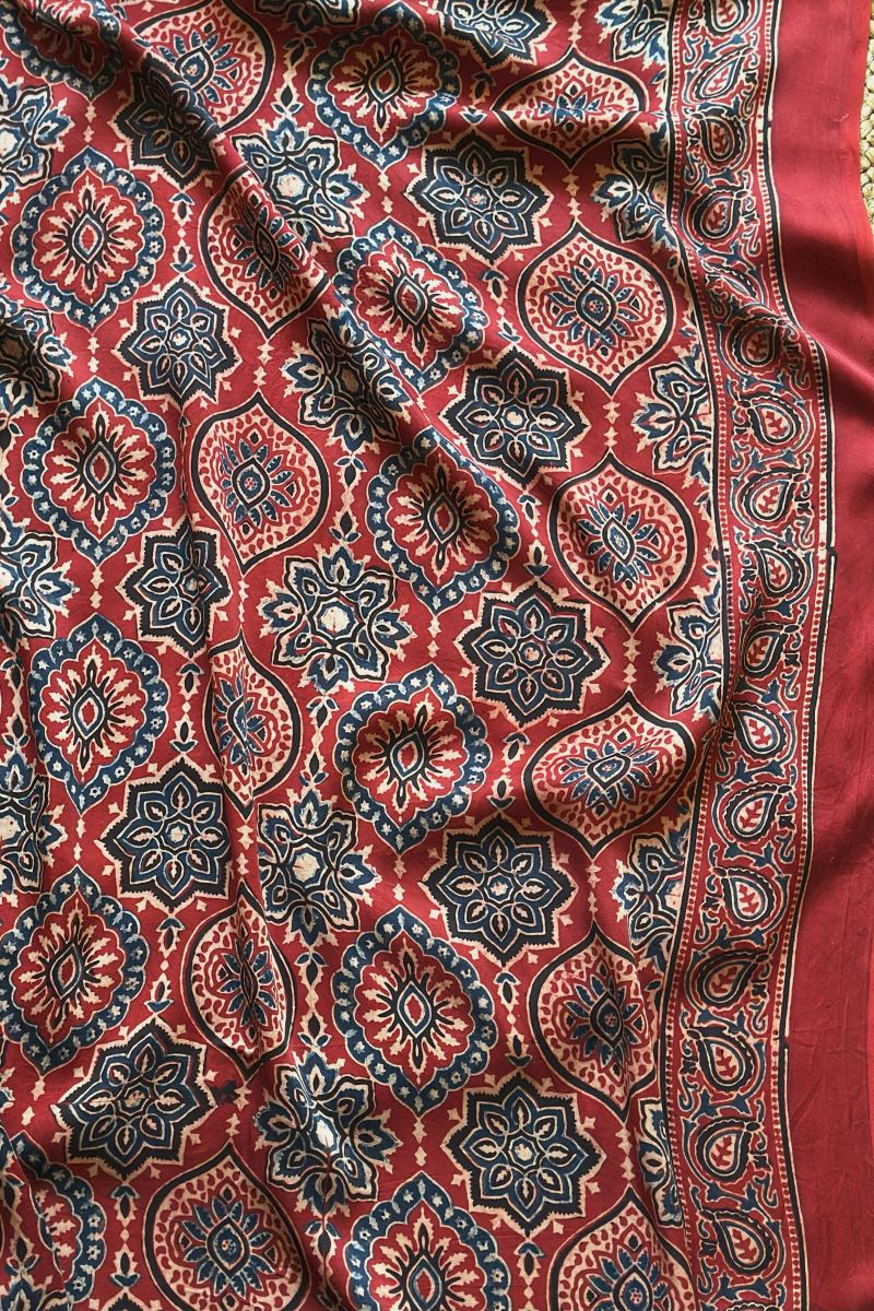 Red String Modal Silk Ajrakh Fabric (Per Meter)