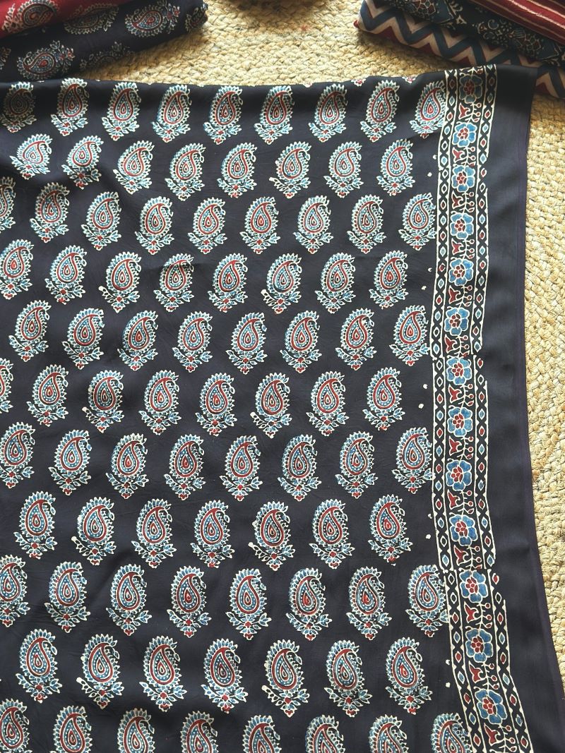 Black Paisley Modal Silk Ajrakh Fabric (Per Meter)