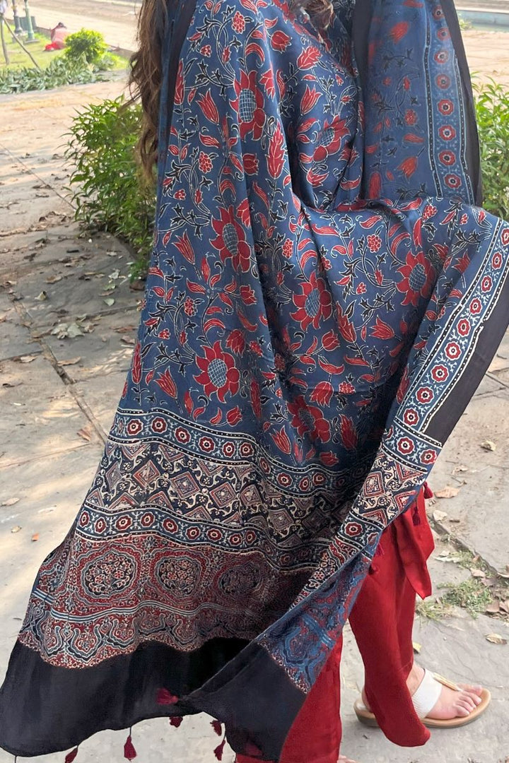 Indigo Modal Silk Ajrakh Dupatta