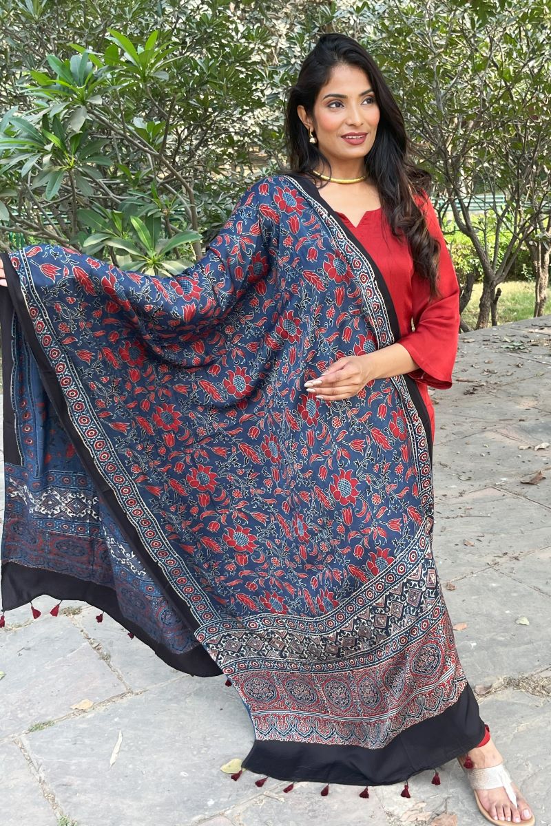 Hand Block Printed Modal Silk Ajrakh Dupatta