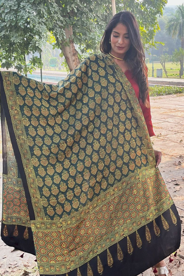 Green Kamal Buta Modal Silk Ajrakh Dupatta