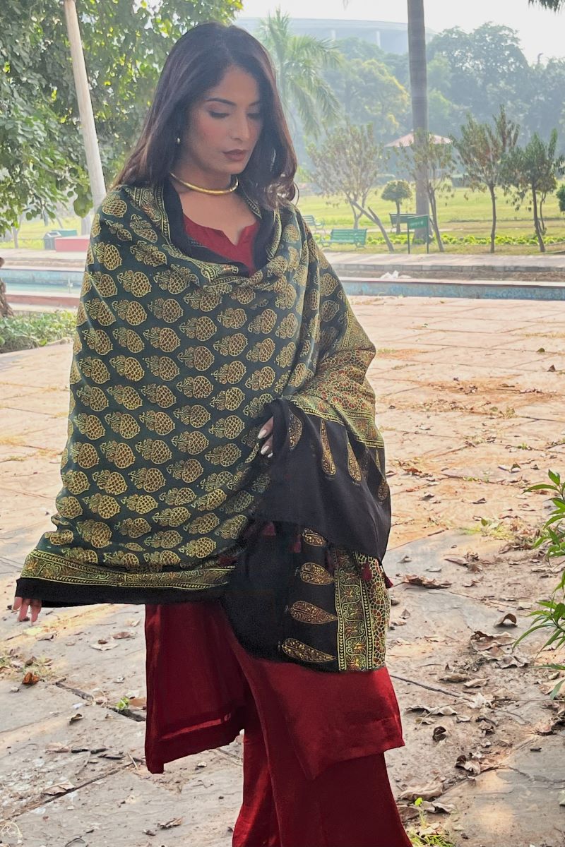 Green Kamal Buta Modal Silk Ajrakh Dupatta