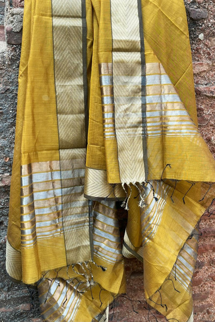 Mustard Zari Stria Cotton Silk Maheshwari Dupatta