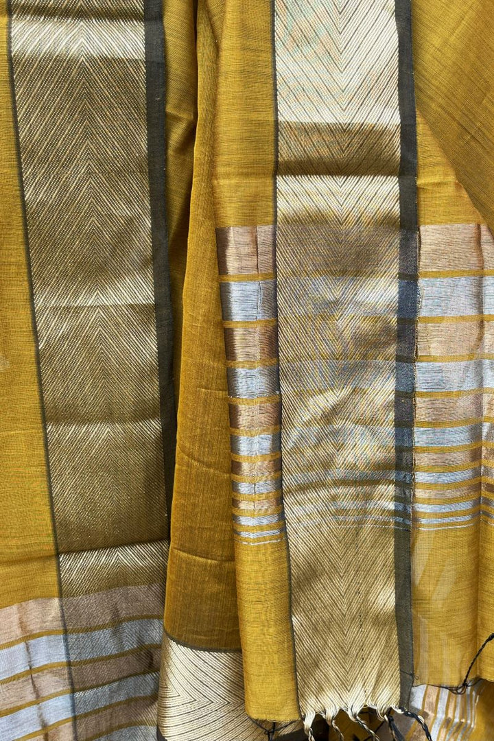 Mustard Zari Stria Cotton Silk Maheshwari Dupatta