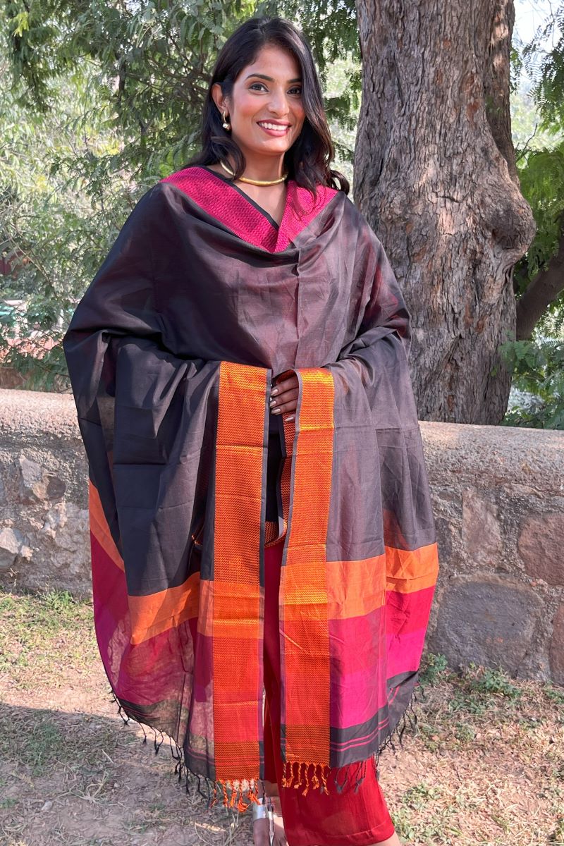 Black Cotton Silk Maheshwari Dupatta