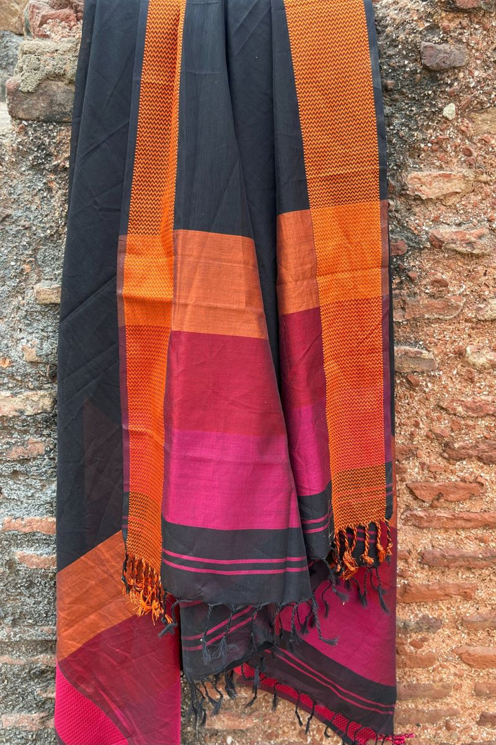 Black Resham Border Cotton Silk Maheshwari Dupatta