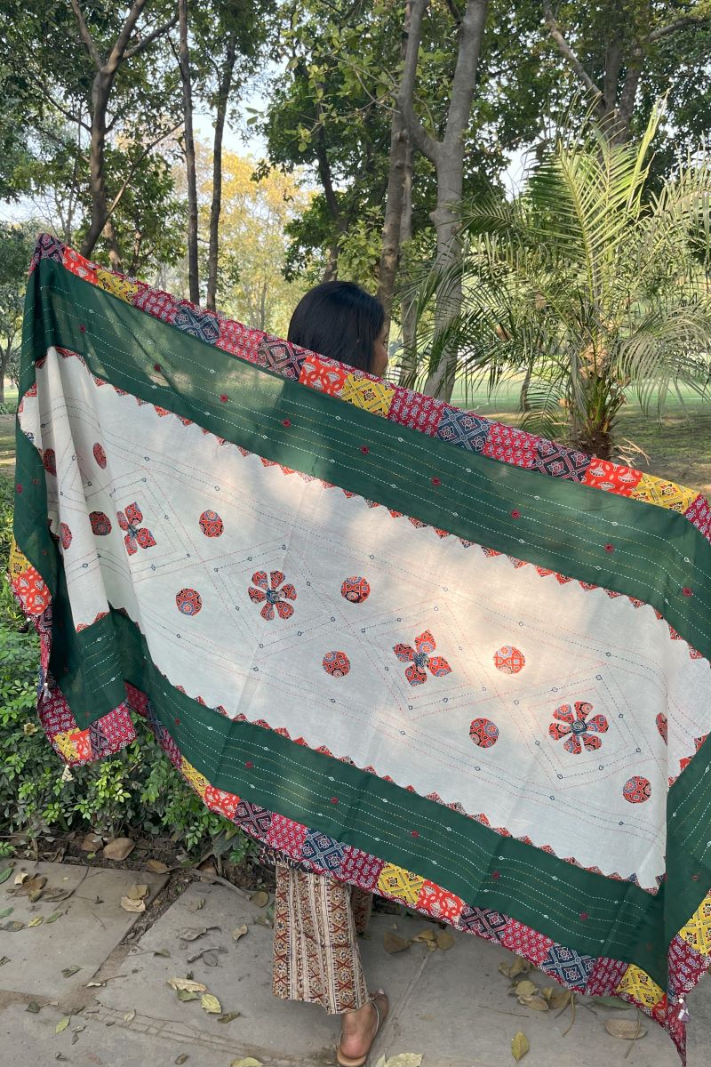 Green Applique Kantha Cotton Ajrakh Dupatta